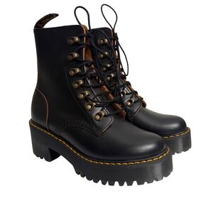 Dr. Martens Leona Platform Heeled Combat Boots Women 5 Black Leather Grunge Goth
